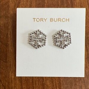 Tory Burch Silver Hexagon Logo Stud Earrings